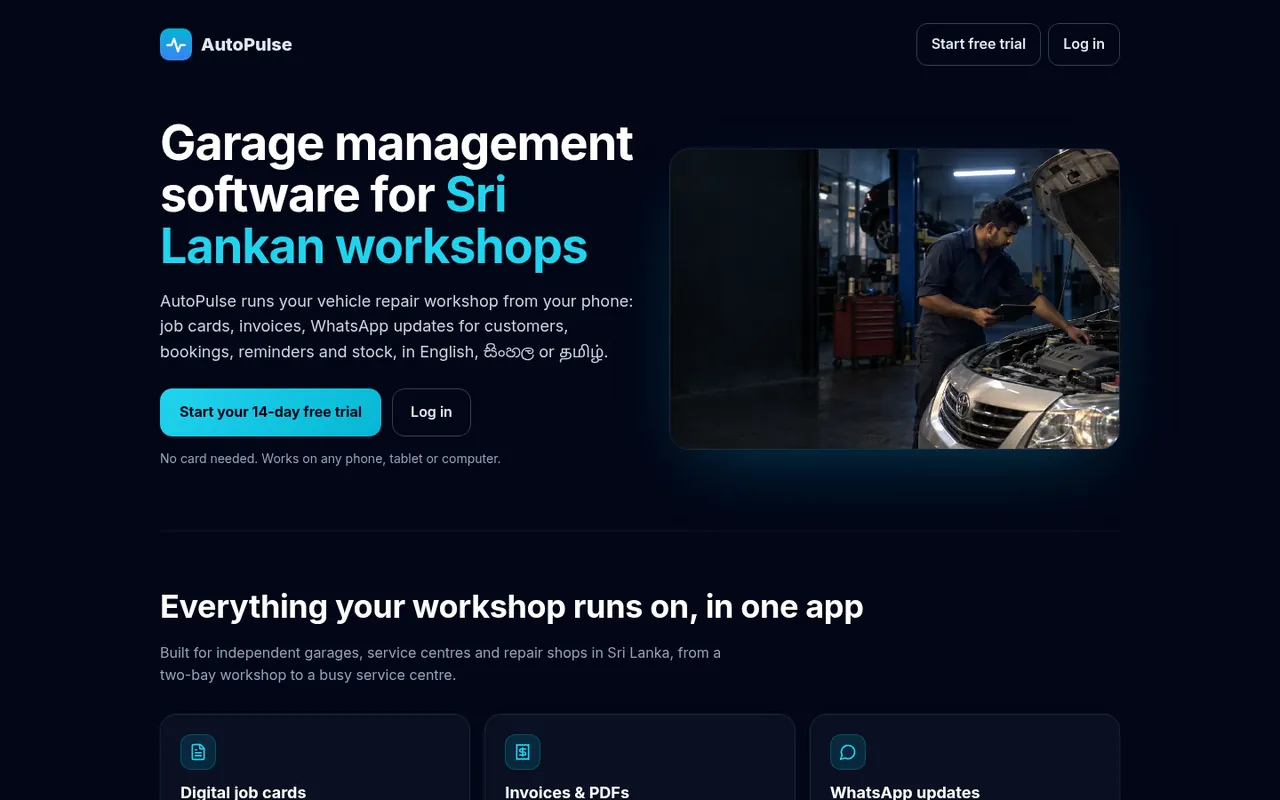 The AutoPulse homepage: garage management software for Sri Lankan workshops