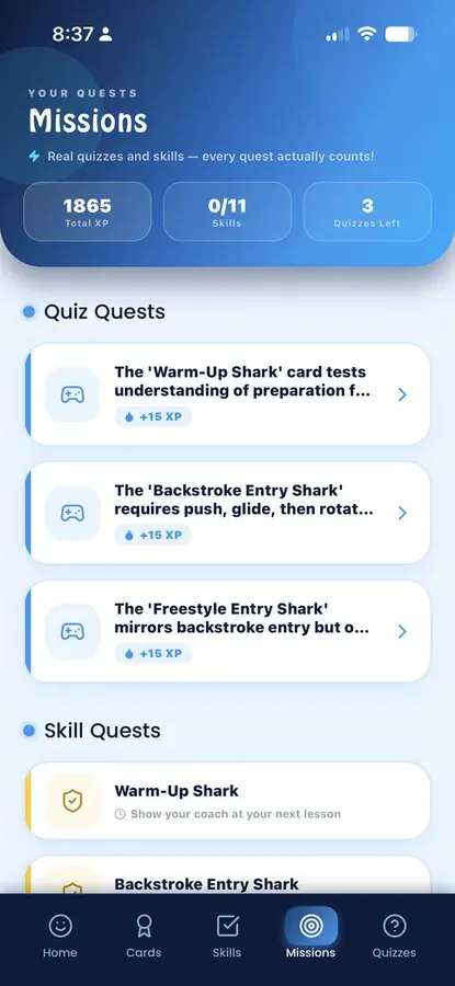 Missions screen with quiz and skill quests