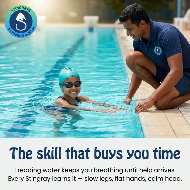 A Stingrays Swim School social post: a child treading water